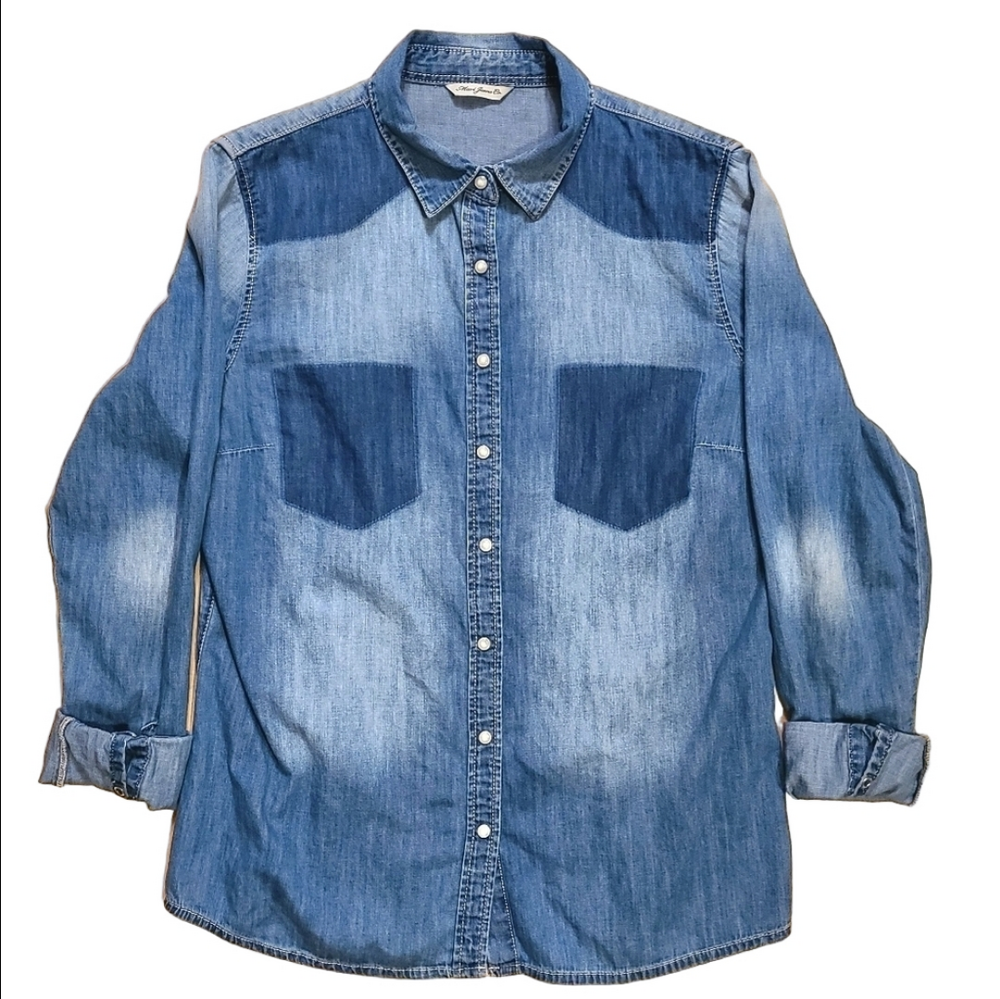 ​Mavi Denim Chambray Pearl Snap Button Down Shirt Faded Medium Wash Long Sleeves